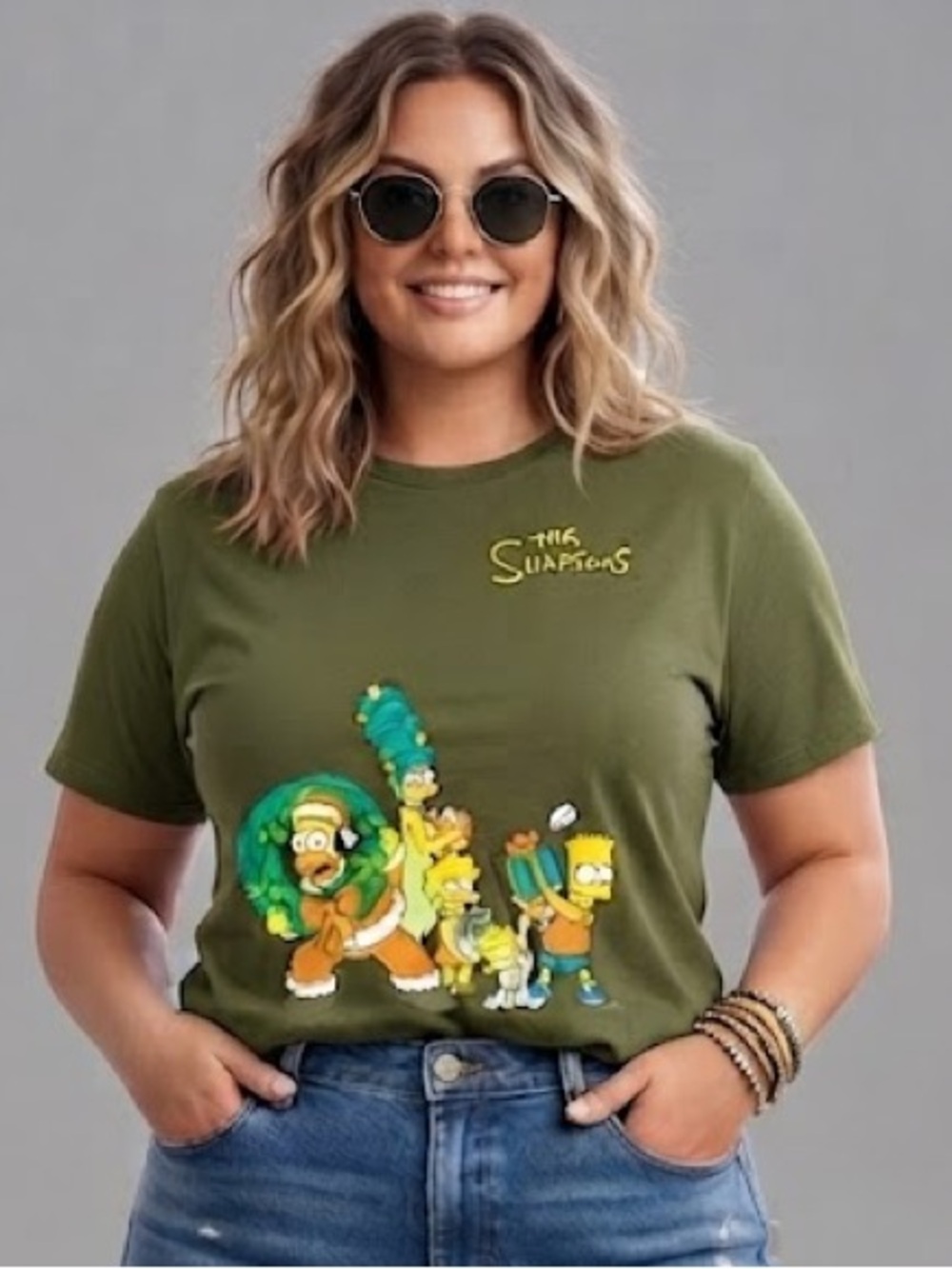 The Simpsons Christmas Graphic T Shirt Women's XL Olive Green Holiday Tee NWT